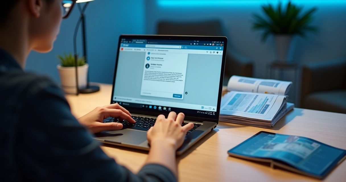 Profissional usando notebook para enviar ebooks e guias por DM no LinkedIn