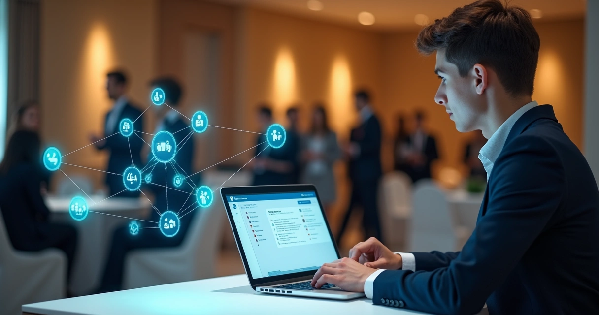 Profissional em evento de negócios com laptop mostrando automação de mensagens no LinkedIn