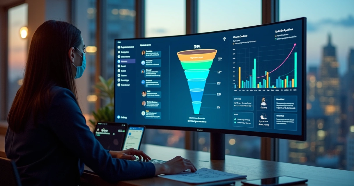 Profissional analisa funil de pipeline de leads do LinkedIn em tela com gráficos