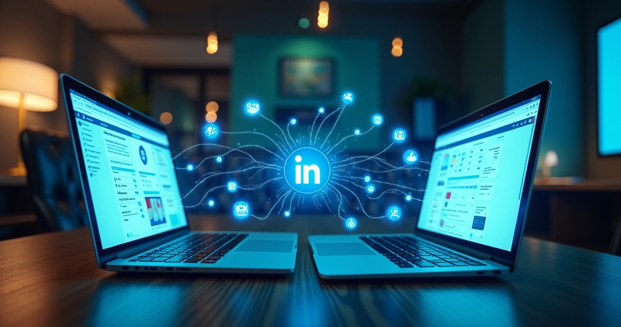 Tela dividida mostrando integração nativa do LinkedIn e fluxo de webhooks conectando ferramentas B2B