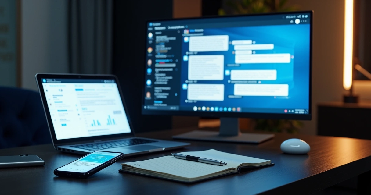 Profissional analisando mensagens automatizadas no LinkedIn em vários dispositivos