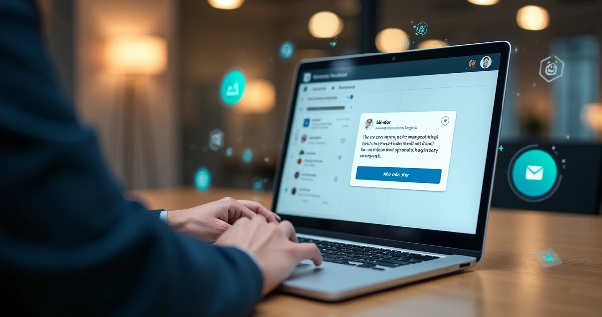 Profissional usando notebook com LinkedIn aberto e janela de DM destacando micro-oferta personalizada