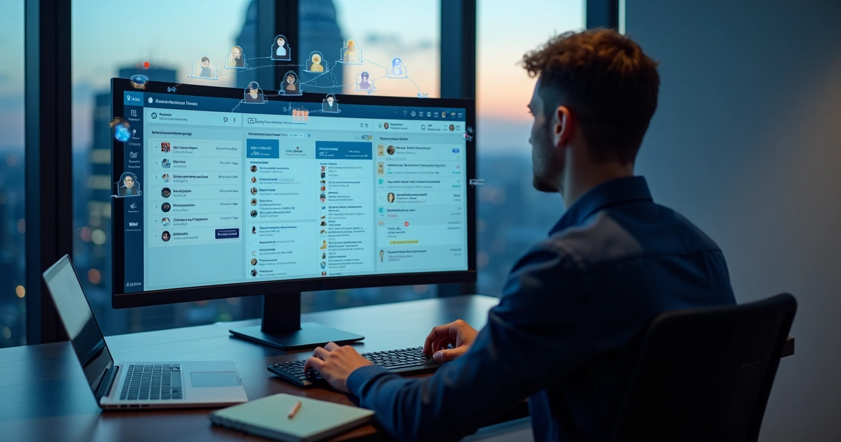 Painel com profissional analisando listas segmentadas e mensagens personalizadas no LinkedIn
