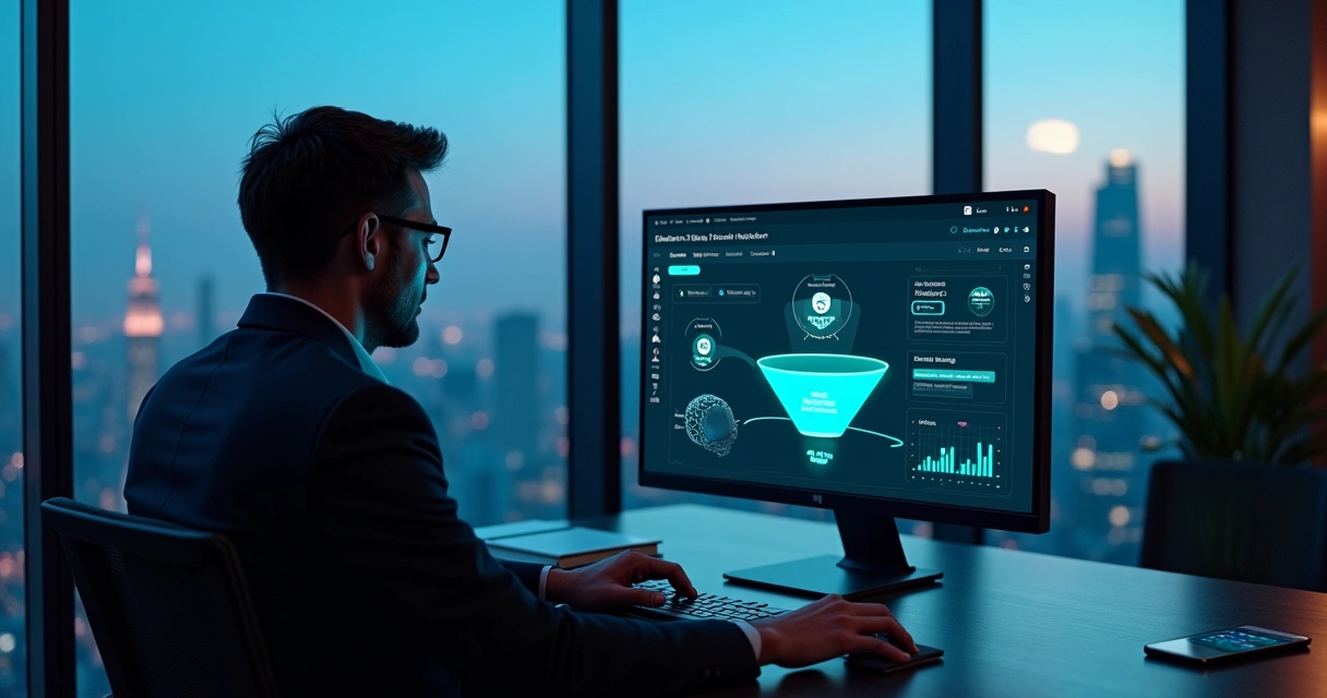 Profissional analisa painel digital com funil de social selling no LinkedIn