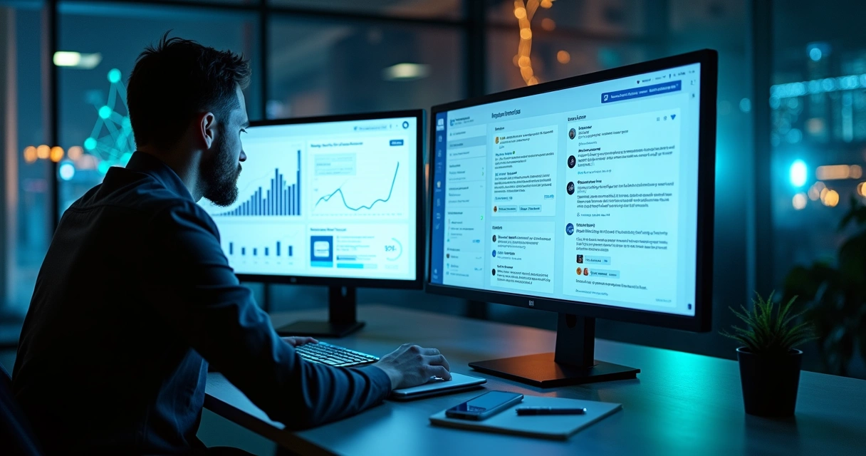 Profissional analisando automações de social selling no LinkedIn em tela com gráficos e mensagens diretas