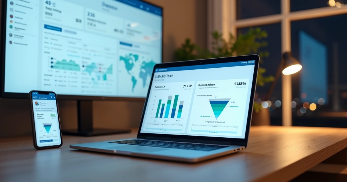Painel com testes A B de DMs automatizadas no LinkedIn em tela de notebook