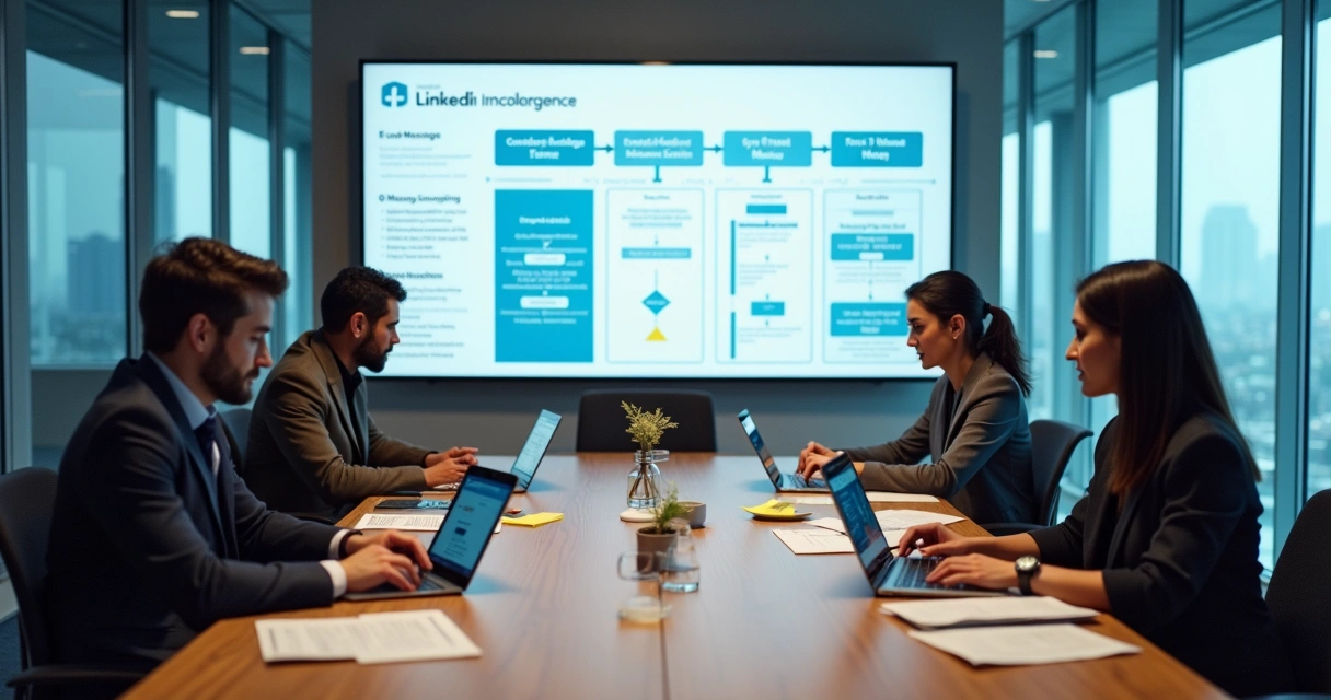 Equipe de marketing B2B planejando playbook de mensagens para LinkedIn em mesa de reunião moderna