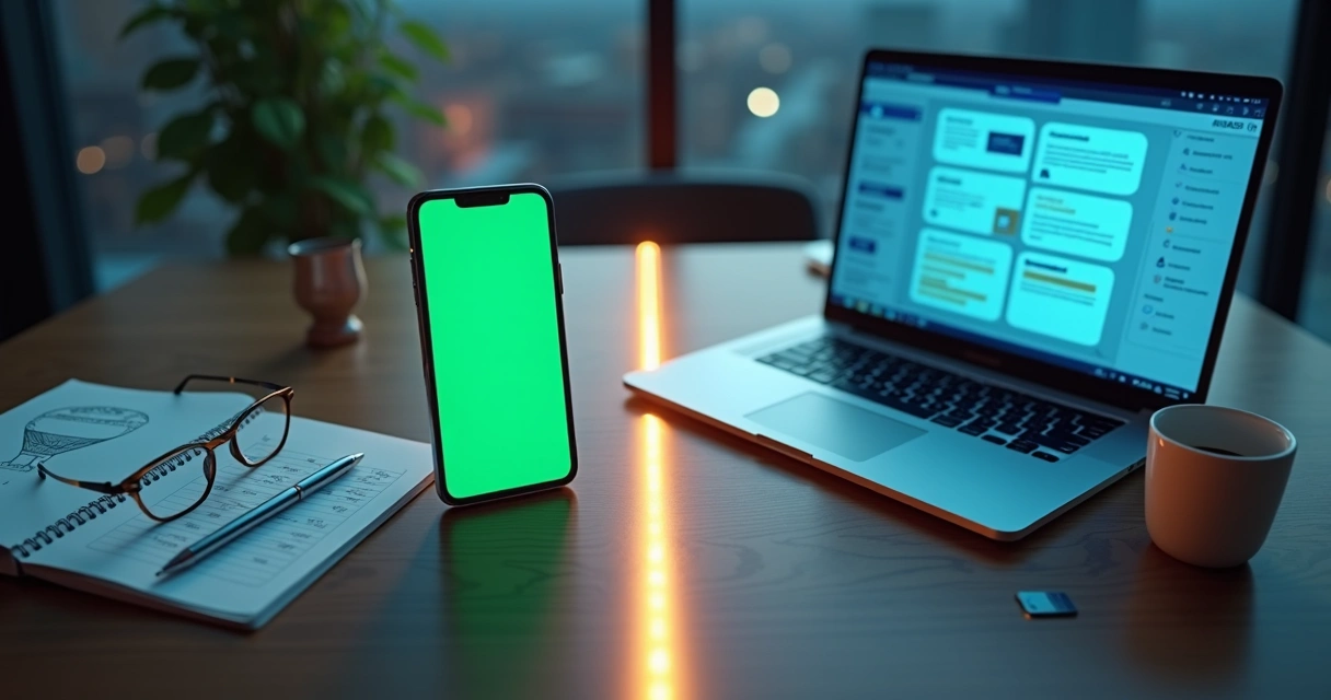 Comparação entre telas de WhatsApp e LinkedIn em um ambiente corporativo moderno